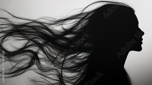 Silhouette shadow of woman with flowing hair background wallpaper concept