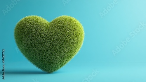 A heart shaped 3D model of grass on a bright blue background.