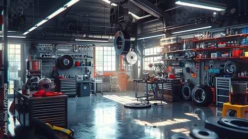 A well-equipped workshop with tools, equipment, and a workbench, bathed in sunlight streaming through windows.