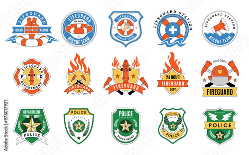 Security badges. Shield emblems of lifeguard services police and fireguard protection agents recent vector labels collection