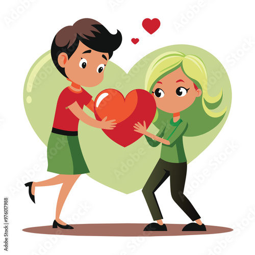 A female cartoon character joyfully chooses a man who is holding a big heart surrounded by cheerful elements that evoke a sense of romance and happiness