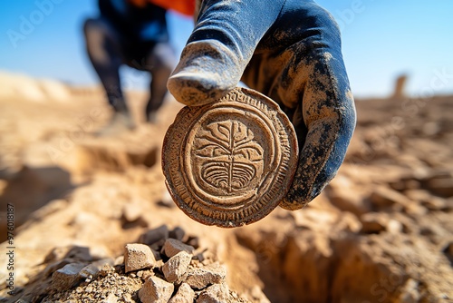 An ancient pottery shard being unearthed from the sands of a forgotten desert city, the design still intact after centuries