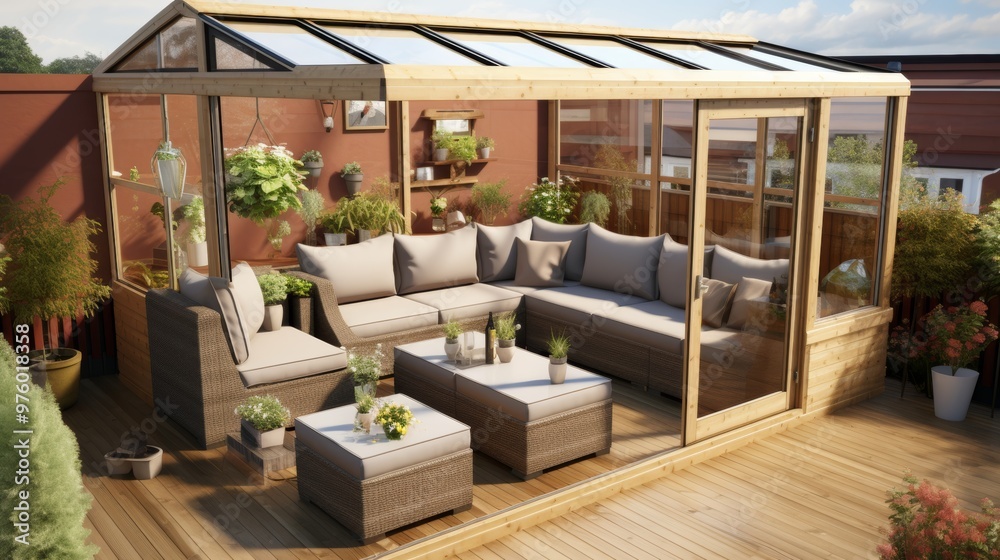 Elegant wooden terrace with glass railings and canopy for an open and airy outdoor experience Elegant wooden terrace with glass railings and canopy for an open and airy outdoor experience