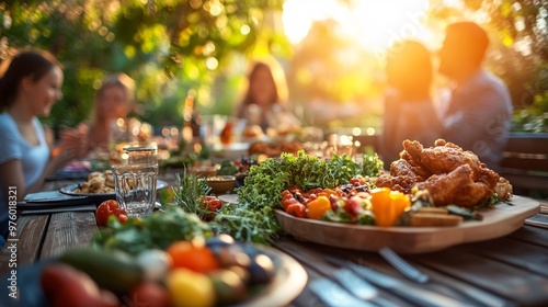 A family having a casual dinner on the back porch, with fried chicken as the main dish. The sunset lights up the scene, giving the image a warm and welcoming feel. Large space for text in center
