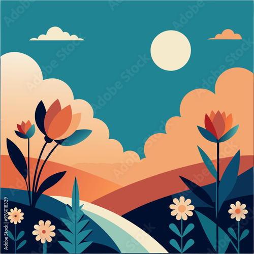 Adobe Illustrator ArtStunning Vector of Beautiful Flowers in a Flower Bed with Clouds and Sunwork