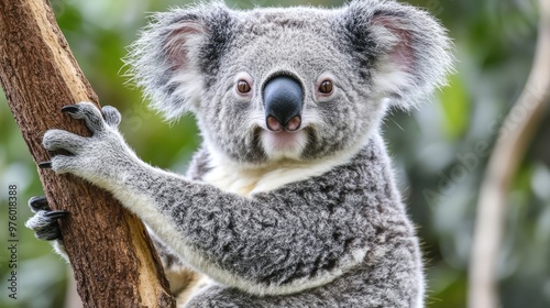 A koala bear sits on a tree branch looking at the camera.