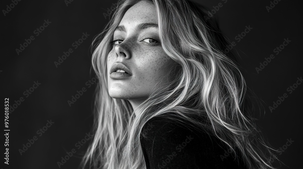 A black and white photo of a woman with long blonde hair A black and white photo of a woman with long blonde hair