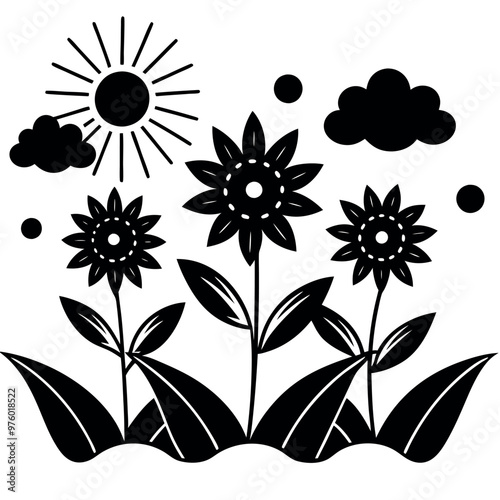 Adobe Illustrator ArtStunning Vector of Beautiful Flowers in a Flower Bed with Clouds and Sunwork