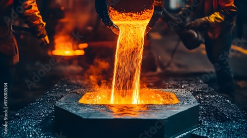 Molten metal being poured into a mold during a casting process, with workers in the background.