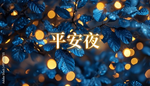 Elegant holiday backdrop featuring Silent Night in luxurious gold surrounded by shimmering blue foliage photo