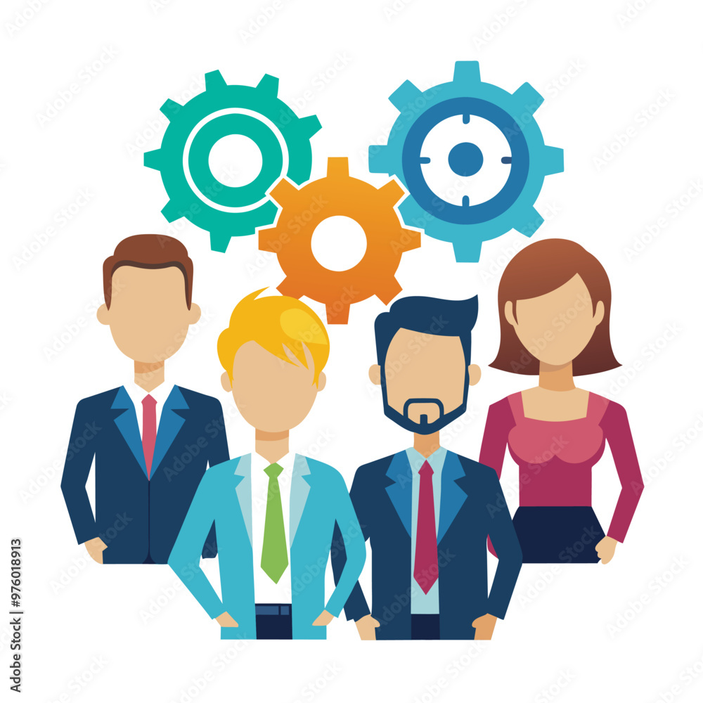 A group of four corporate professionals collaborates in a flat art style emphasizing teamwork and innovation with gears symbolizing productivity A group of four corporate professionals collaborates in a flat art style emphasizing teamwork and innovation with gears symbolizing productivity