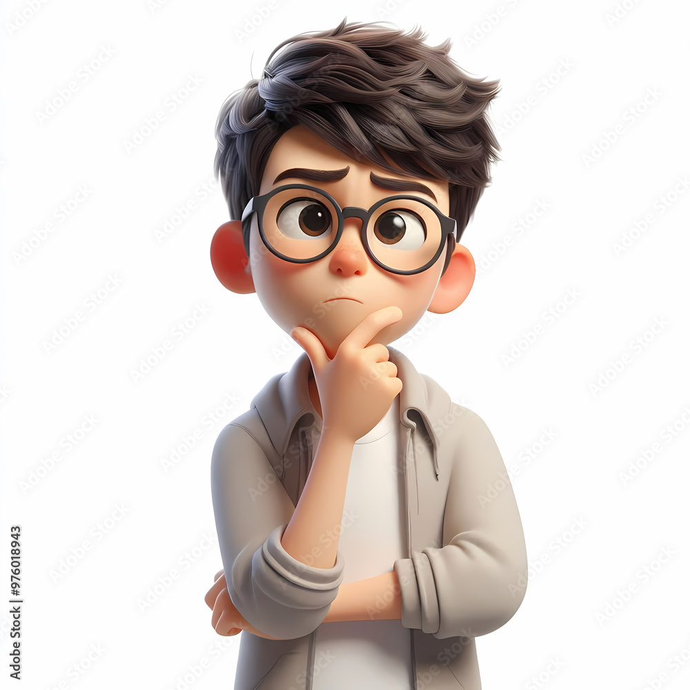 Confused Asian Boy with Glasses 3D Character - Perplexed Expression Children's Book Illustration - Emotional Intelligence Cartoon Confused Asian Boy with Glasses 3D Character - Perplexed Expression Children's Book Illustration - Emotional Intelligence Cartoon