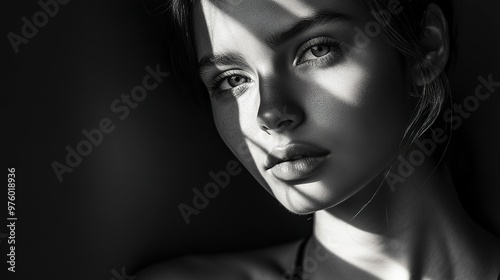 Elegant black and white portrait of a woman with dramatic lighting, focusing on emotion and timeless beauty, portrait, black and white 