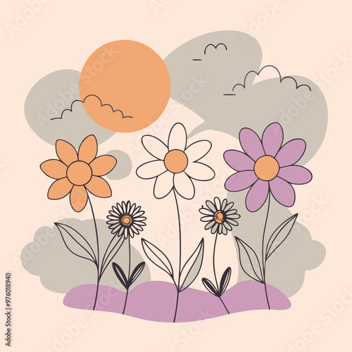 Adobe Illustrator ArtStunning Vector of Beautiful Flowers in a Flower Bed with Clouds and Sunwork