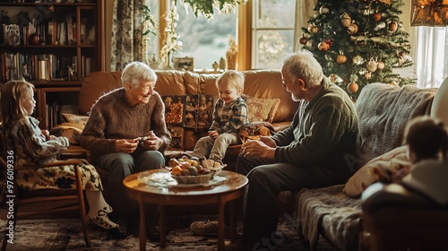 Happy Grandparents Playing with Grandchildren in Cozy Living Room Before Thanksgiving Dinner - Family Bonding Time Concept