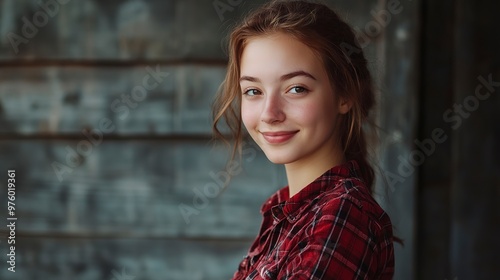 Portrait of a smiling young woman in a red plaid shirt.