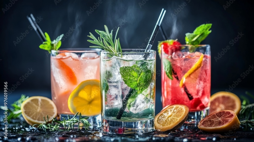Fresh and refreshing cocktails based on gin, a distinctive herbal flavor, bar Fresh and refreshing cocktails based on gin, a distinctive herbal flavor, bar