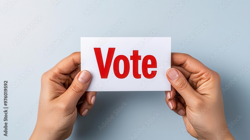 Person holding a voting card with the word 
