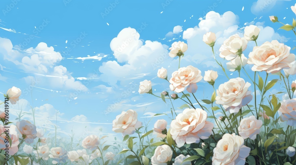 A gentle illustration of a garden of white roses against a pastel blue sky A gentle illustration of a garden of white roses against a pastel blue sky