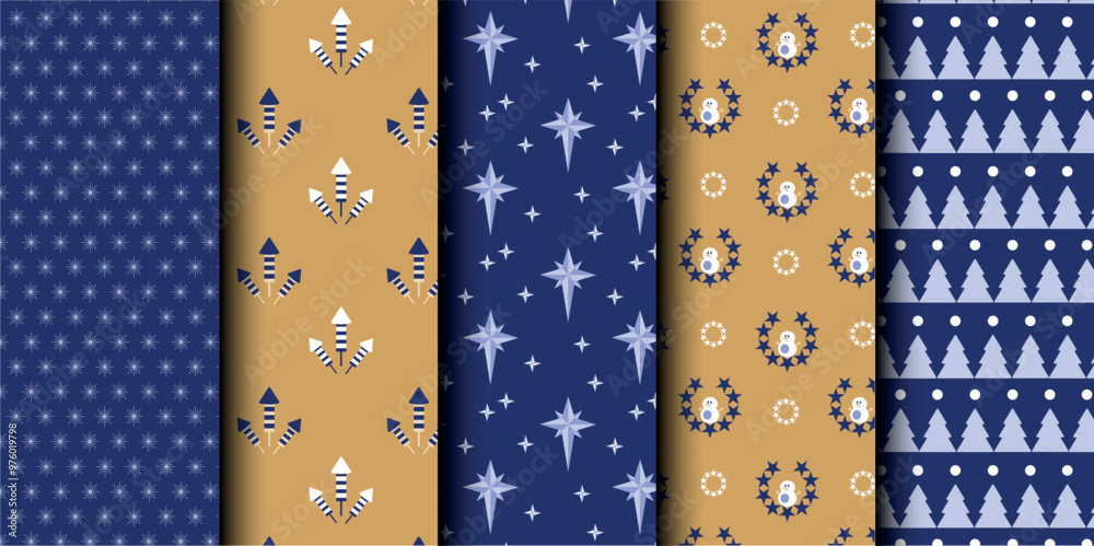 Fototapeta premium Set of Christmas vector seamless pattern. Merry Christmas and Happy New Year. Christmas symbols background. Vector gold and blue seamless illustration