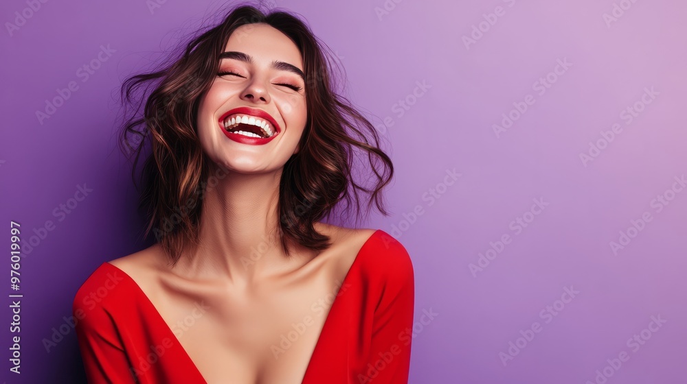 A beautiful young woman with long brown hair is laughing with her eyes closed while wearing a red dress against a purple backdrop.