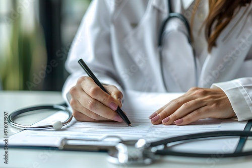 Doctors Hand Writing Medical Records with Stethoscope