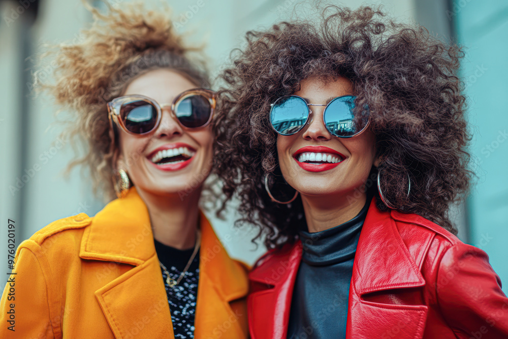 Cheerful Women Laughing and Walking in Stylish Outfits Amid Bright Colors Cheerful Women Laughing and Walking in Stylish Outfits Amid Bright Colors
