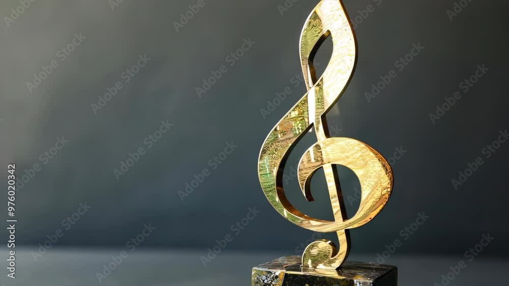 A close-up of a golden musical note trophy shaped like a treble clef, resting on a sleek black marble base. Its shimmering surface highlights achievements in music and the arts. A close-up of a golden musical note trophy shaped like a treble clef, resting on a sleek black marble base. Its shimmering surface highlights achievements in music and the arts.