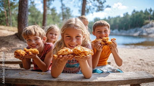 A group of children at a summer camp, sitting together on wooden benches and eating fried chicken. The background shows a forest and lake, giving the scene a sense of adventure and fun. Large space