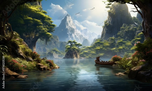 A gentle illustration of a small boat on a river flowing through a lush landscape photo