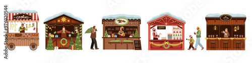 Christmas stalls with people. Buyers and sellers at winter market, gifts, sweets, holiday decorations, festival shops, happy family on traditional bazaar cartoon flat isolated tidy vector set