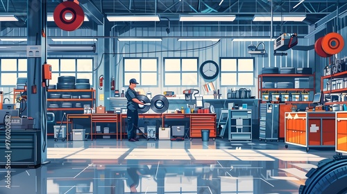 A mechanic in a well-lit, modern garage, working on a tire with tools and equipment around him.