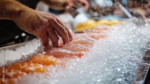 A hand deftly slices fresh sashimi at a Japanese food market, showcasing the glistening fish and vibrant atmosphere of the lively market surrounding it photo