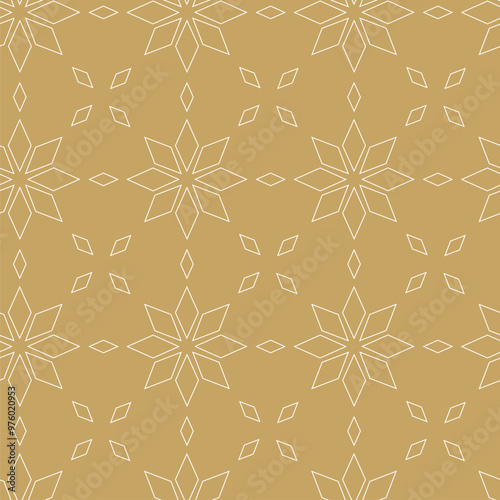 Abstract geometric pattern with crosses, stripes, lines. Seamless vector background. White and gold floral ornament. Modern reticulated graphic design.