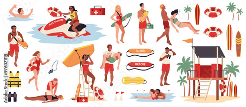 Cartoon water rescuers characters. Lifeguards pull drowning people out of sea, emergency on beach, dangerous swimming. First aid. Different lifebuoys and boats, tidy vector flat isolated set