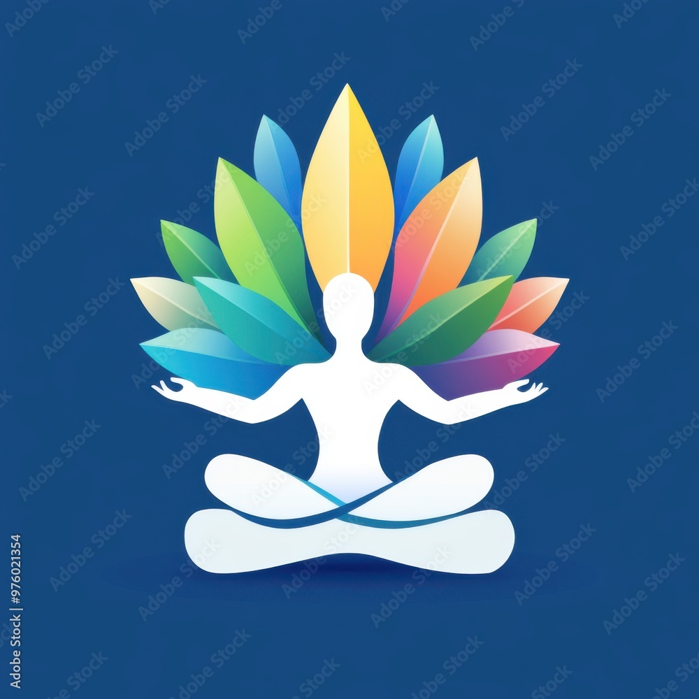 Obraz premium Colorful silhouette of a person meditating, surrounded by vibrant leaves. Perfect for spiritual and wellness themes. yoga logo