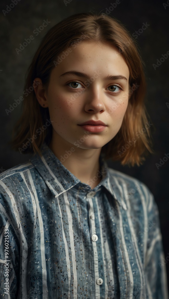 AI-generated portrait of a young woman in a striped shirt. AI-generated portrait of a young woman in a striped shirt.