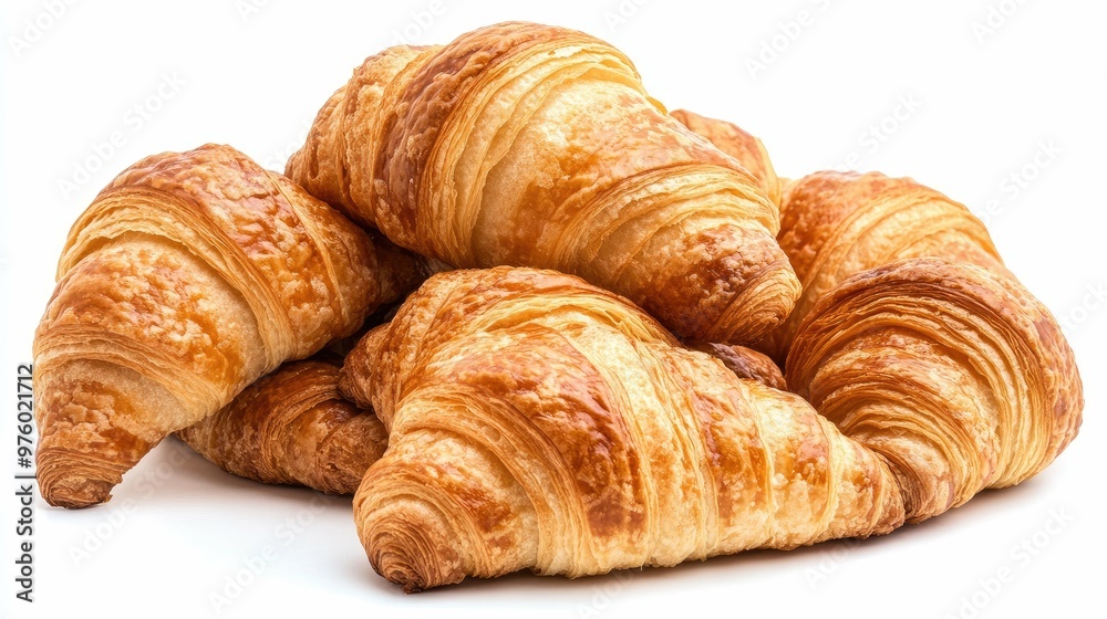 A pile of four golden brown croissants isolated on a white background. A pile of four golden brown croissants isolated on a white background.