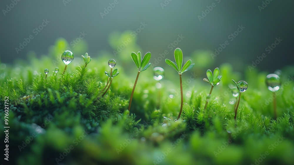 A macro shot capturing the delicate beauty of dew drops glistening on blades of grass, creating a refreshing and vibrant scene