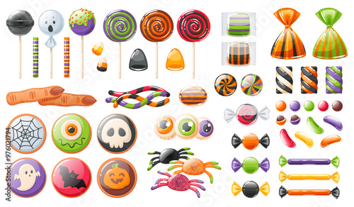 Cartoon halloween sweets. Funny candies, spooky lollipops and scary jellies, trick or treat, witch fingers cookies, sugar glaze skulls, spider and worm marmalade, vector isolated set