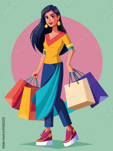 Indian Female Model Holding Shopping Bags, Vector Illustration of Fashionable Woman, Shopping Scene, Modern Design