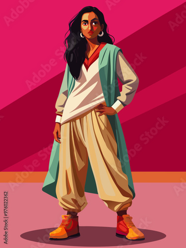 Stylish Indian Female Model Posing in Trendy Clothes for Photo Shoot, Elegant Fashion Illustration
