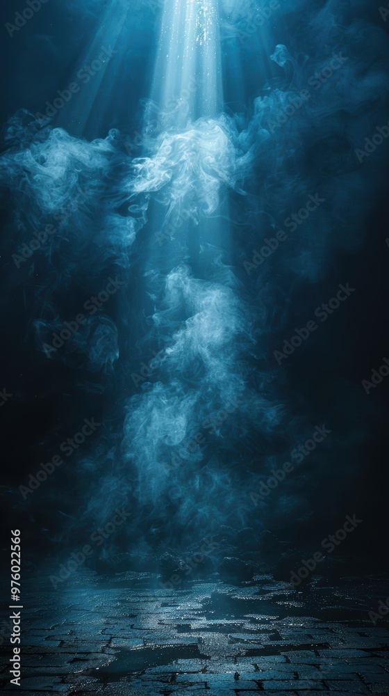 Abstract dark background, misty blue light rays on an asphalt floor, a night scene with smoke and fog. A dark stage for a product presentation. Abstract dark background, misty blue light rays on an asphalt floor, a night scene with smoke and fog. A dark stage for a product presentation.