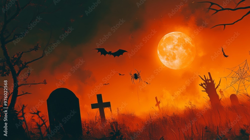 A spooky graveyard scene with a full moon, bats, a spider, and a graveyard. A spooky graveyard scene with a full moon, bats, a spider, and a graveyard.