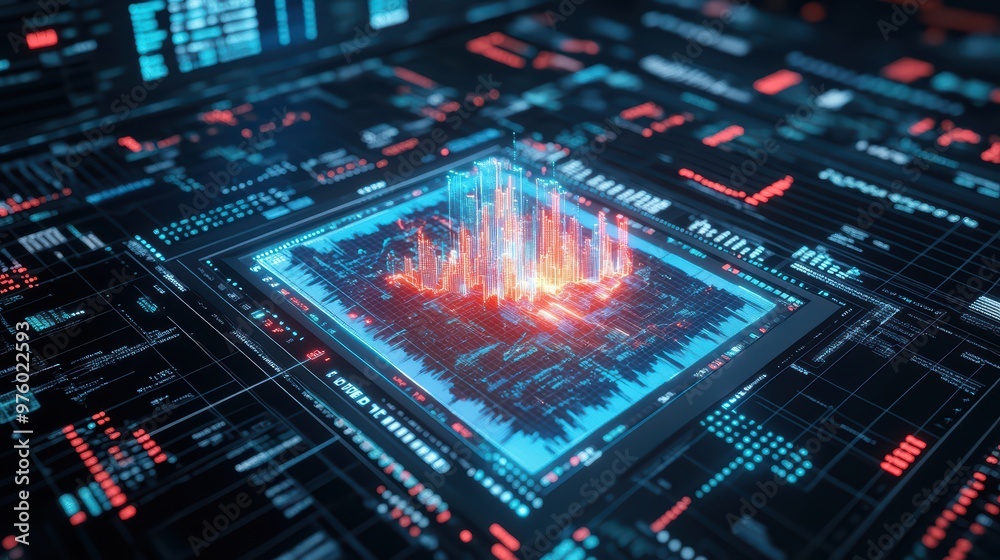 Abstract representation of data processing with vibrant visual elements and digital patterns in a technological environment. Abstract representation of data processing with vibrant visual elements and digital patterns in a technological environment.