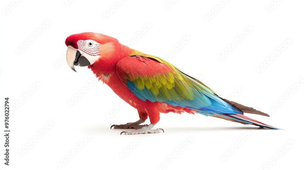 Obraz premium A vibrant scarlet macaw perched gracefully, showcasing its stunning colors and distinctive features against a white background.
