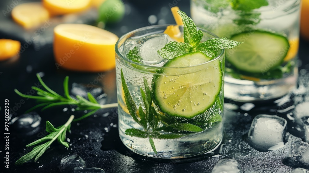 Fresh and refreshing cocktails based on gin, a distinctive herbal flavor, bar Fresh and refreshing cocktails based on gin, a distinctive herbal flavor, bar