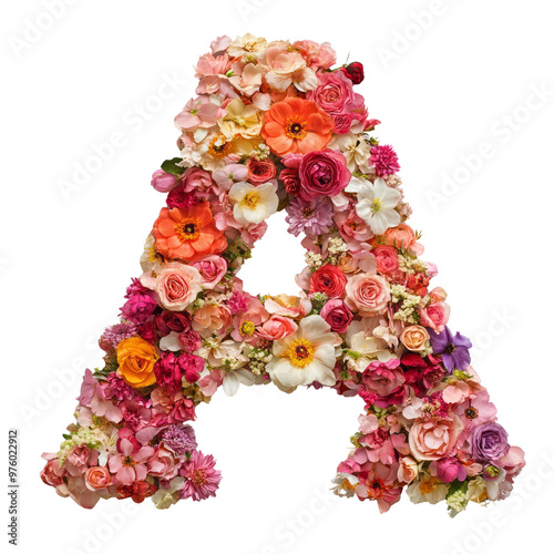 Beautiful bouquet of roses and flowers isolated. Letter A decorated with flowers