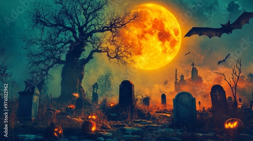 A spooky graveyard with a full moon, bats, and jack-o-lanterns.