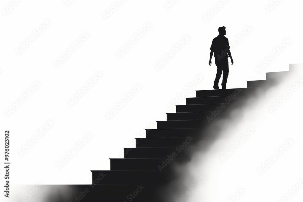 Silhouette of a man ascending stairs against a white background, isolated and striking visual Silhouette of a man ascending stairs against a white background, isolated and striking visual